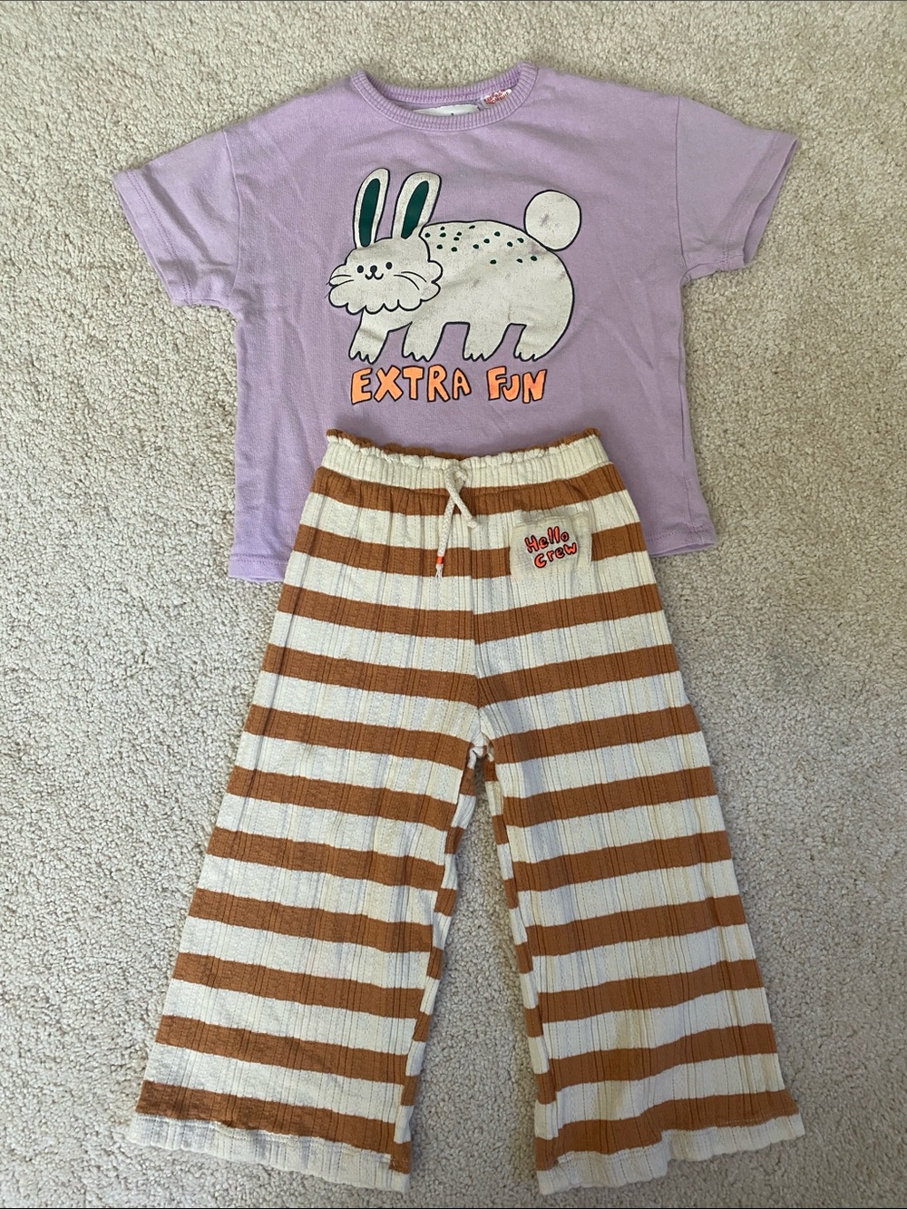 Zara Hello Crew Bunny Graphic Tee with Cream and Brown Striped Pants 3T